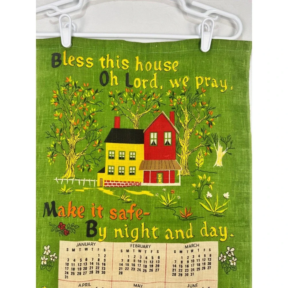 Vintage‎ 1982 Linen Calendar Kitchen Towel Bless This House Folk Art Green 16x27